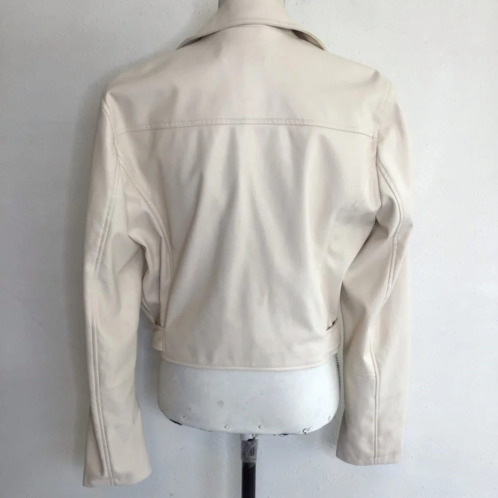 AND NOW THIS WOMEN STYLISH CREAM FAUX LEATHER COLLARED ZIPPER MOTO JACKET SZ L - Picture 2 of 12